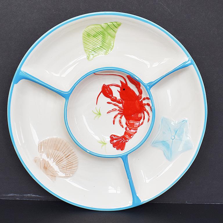 Mid-Century Modern Round Ceramic Beachside Motif Lobster Crudités Serving Platter For Sale