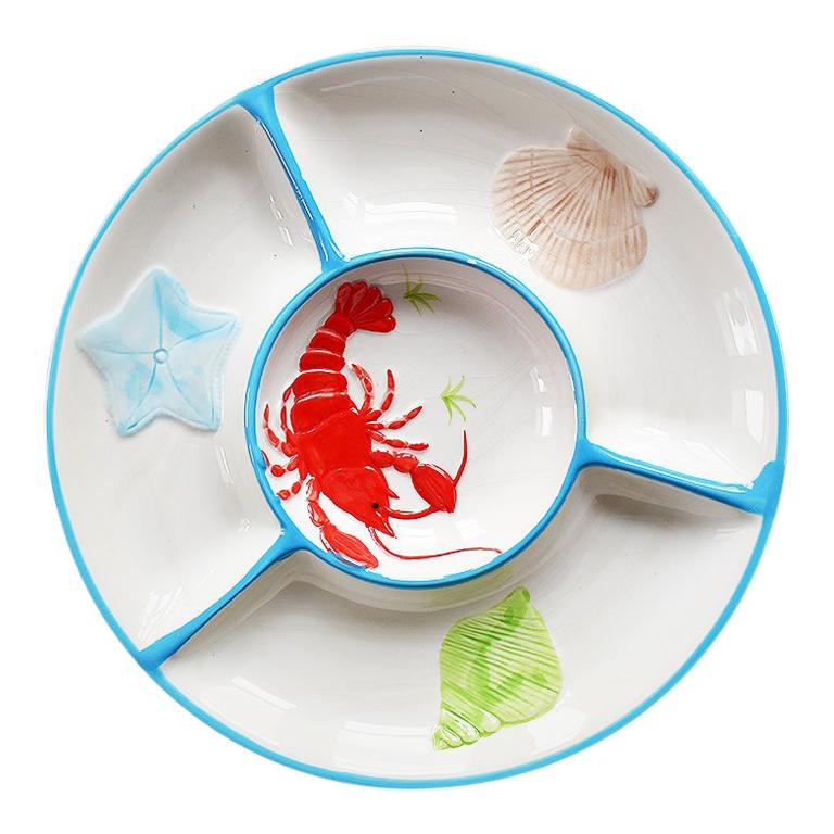 Round Ceramic Beachside Motif Lobster Crudités Serving Platter For Sale