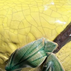 Round Ceramic Chinoiserie Bright Yellow Bird and Flower Motif Vase with Handles