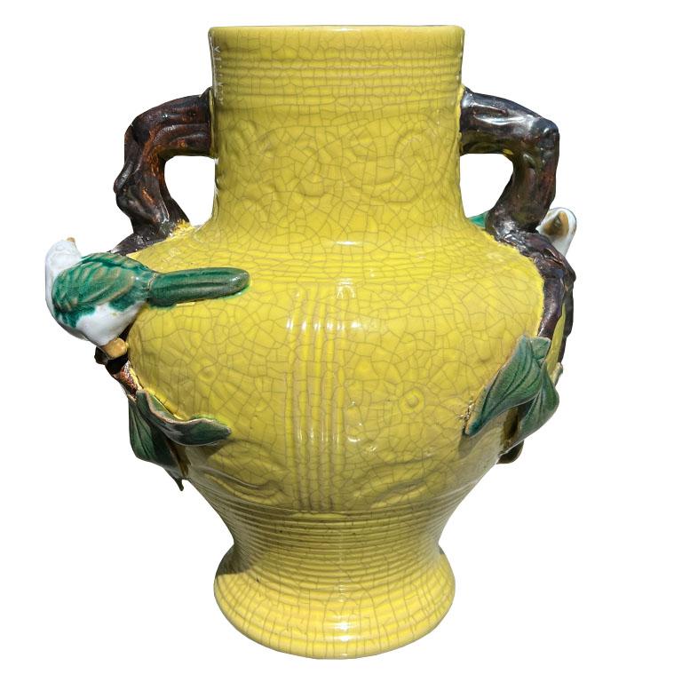 Hong Kong Round Ceramic Chinoiserie Bright Yellow Bird and Flower Motif Vase with Handles For Sale