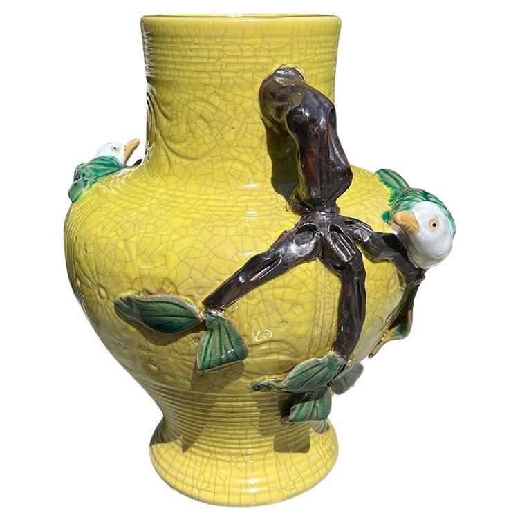 Round Ceramic Chinoiserie Bright Yellow Bird and Flower Motif Vase with Handles For Sale