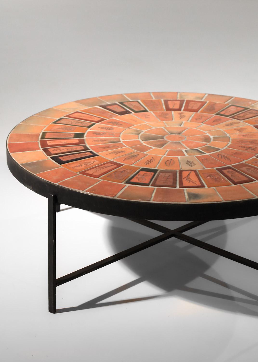 Round ceramic coffee table by Roger Capron herbier Vallauris 1950's