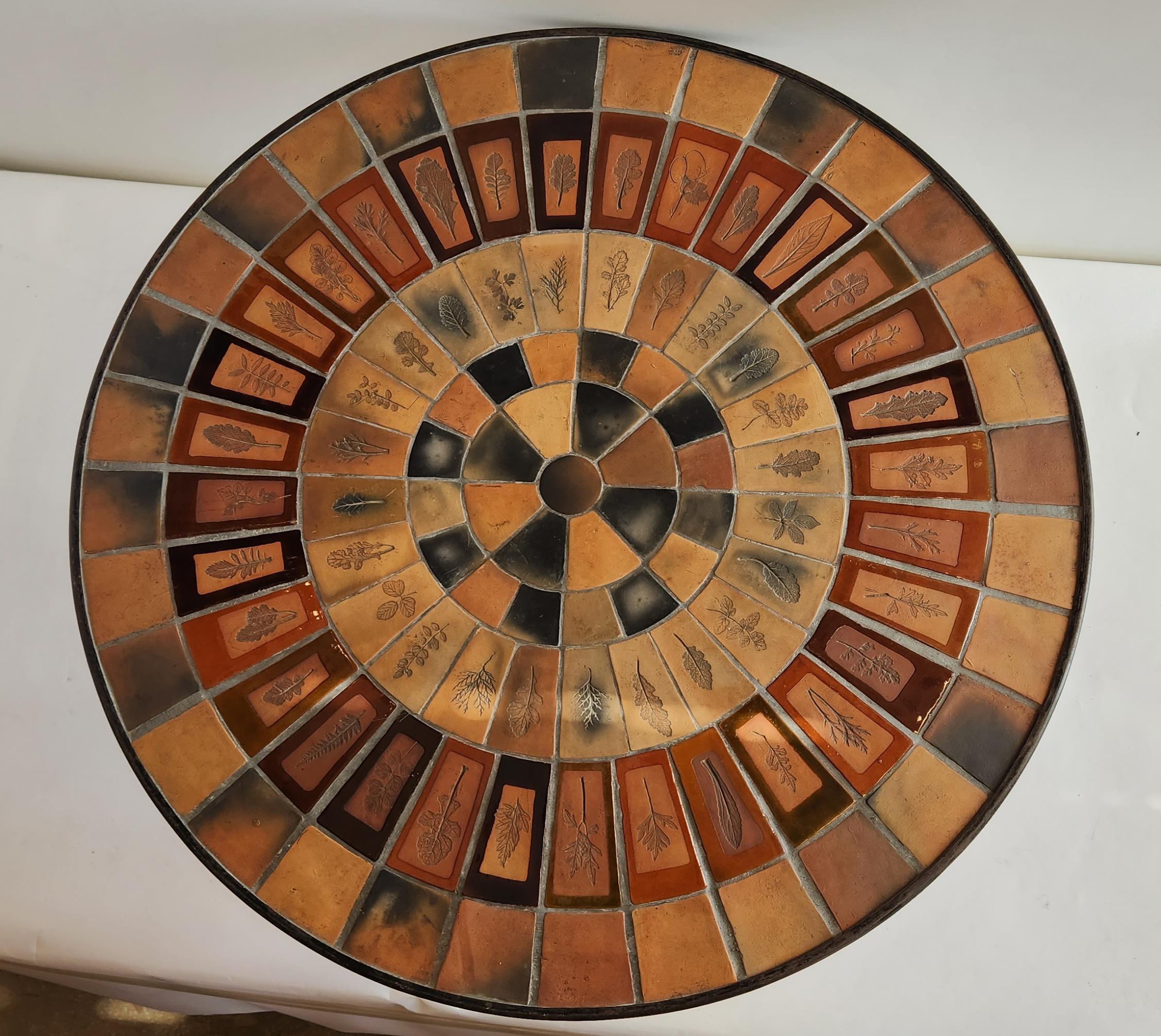 French Roger Capron - Round Ceramic Coffee Table with Herbier tiles on Metal Frame For Sale