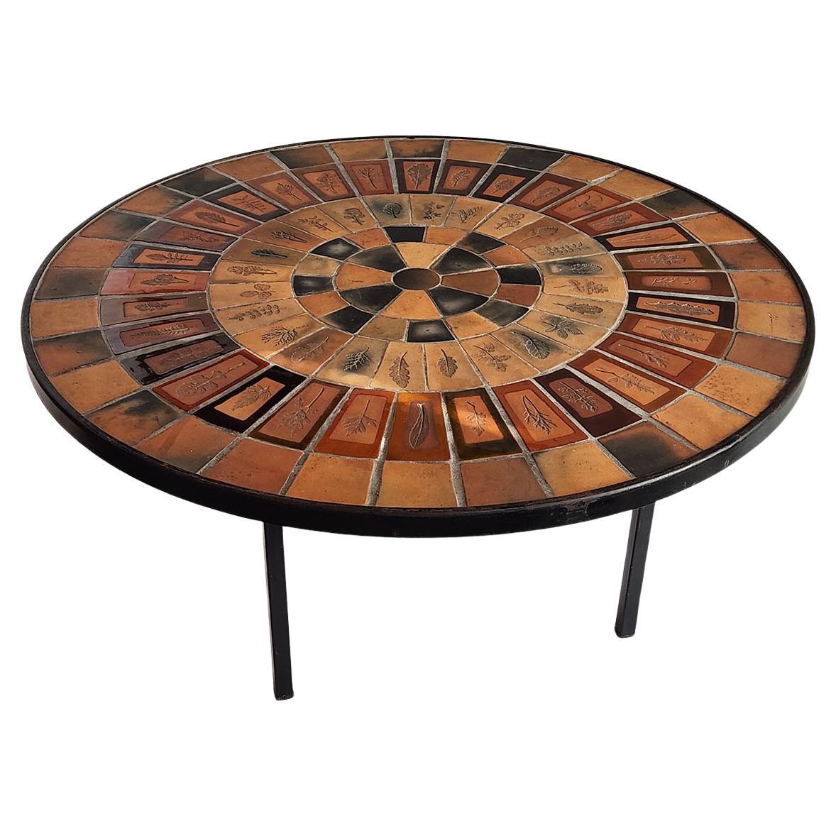 Roger Capron - Round Ceramic Coffee Table with Herbier tiles on Metal Frame For Sale