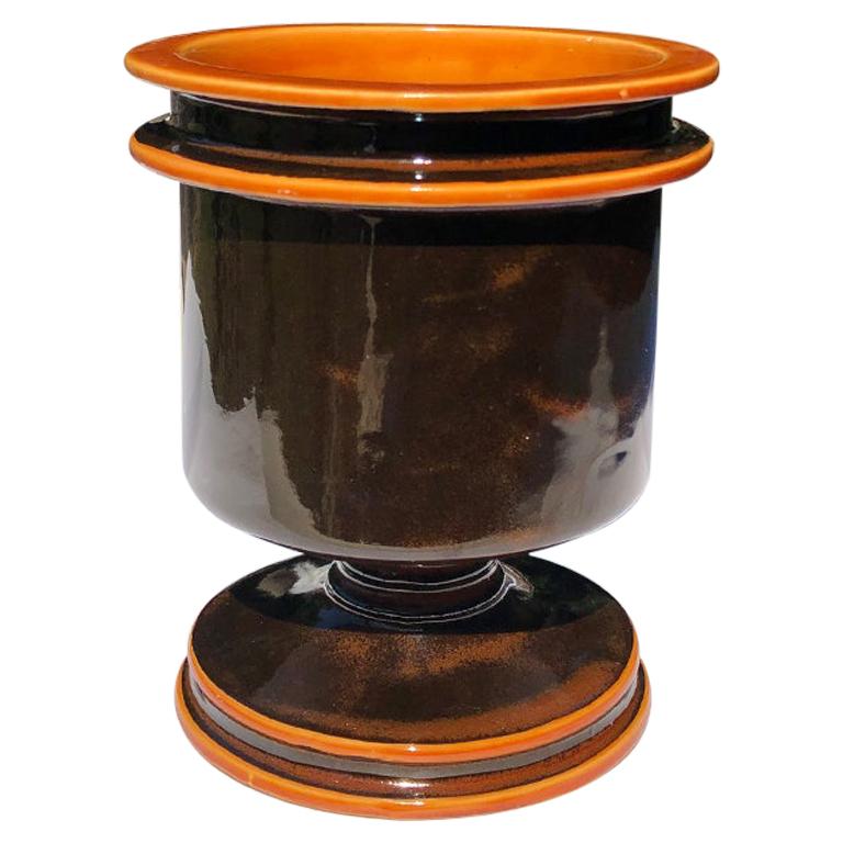Round Ceramic Midcentury Vase by Raymor or Fantoni in Black and Orange Italy