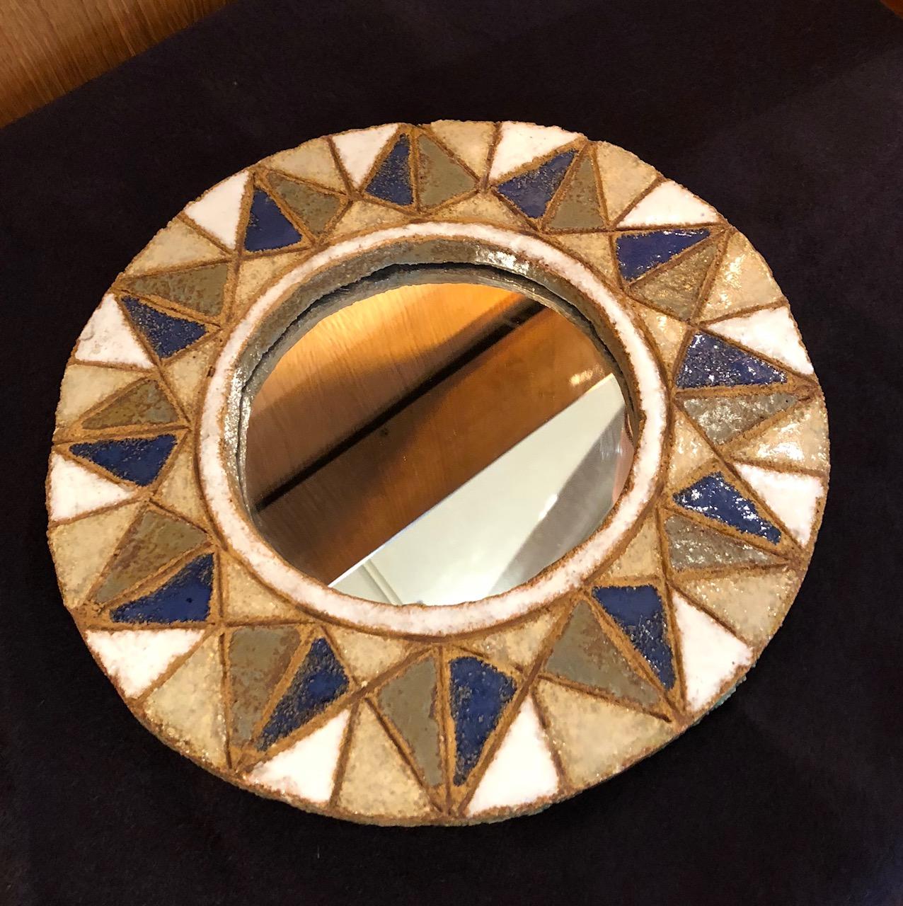 French Round Ceramic Mirror by Les Argonautes, Vallauris, France, 1950s