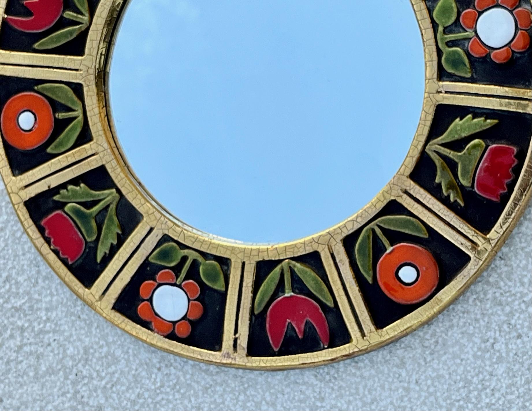Mid-Century Modern Round ceramic mirror by Mithé Espelt, circa 1960 For Sale
