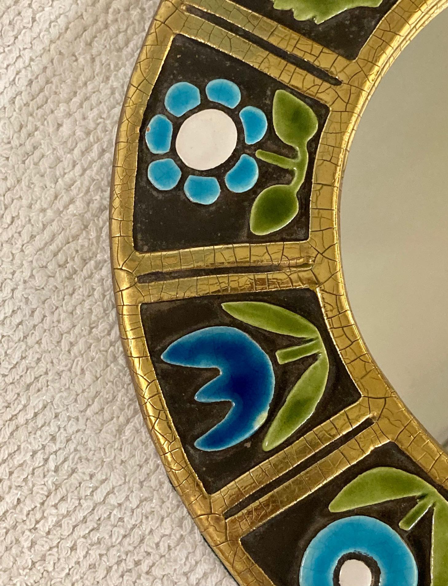 Mid-Century Modern Round Ceramic Mirror Decorated with Blue Flowers by Mithé Espelt, France