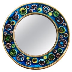 Round Ceramic Mirror Majolika Ceramik Midcentury by Schramberg in Blue, Germany