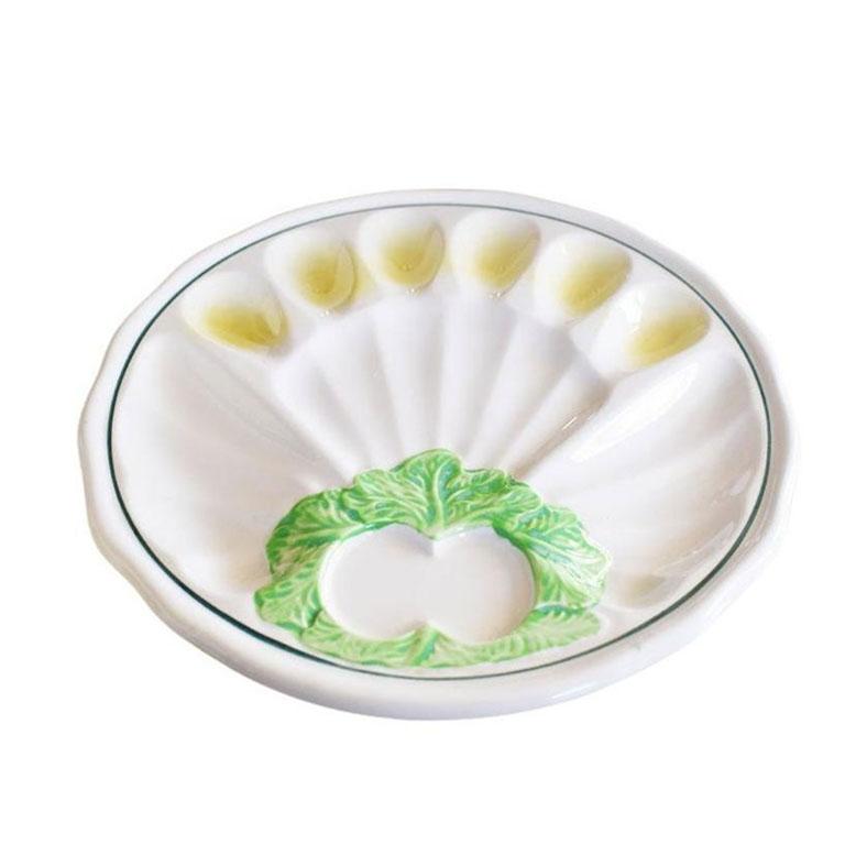 I large round cream, yellow and green egg serving platter. 

Dimensions:
10.25