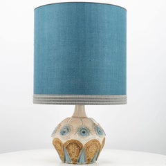 Round Ceramic Table Lamp with Custom Blue Silk Lampshade by René Houben