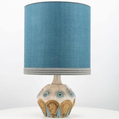 Round Ceramic Table Lamp with Custom Blue Silk Lampshade by René Houben