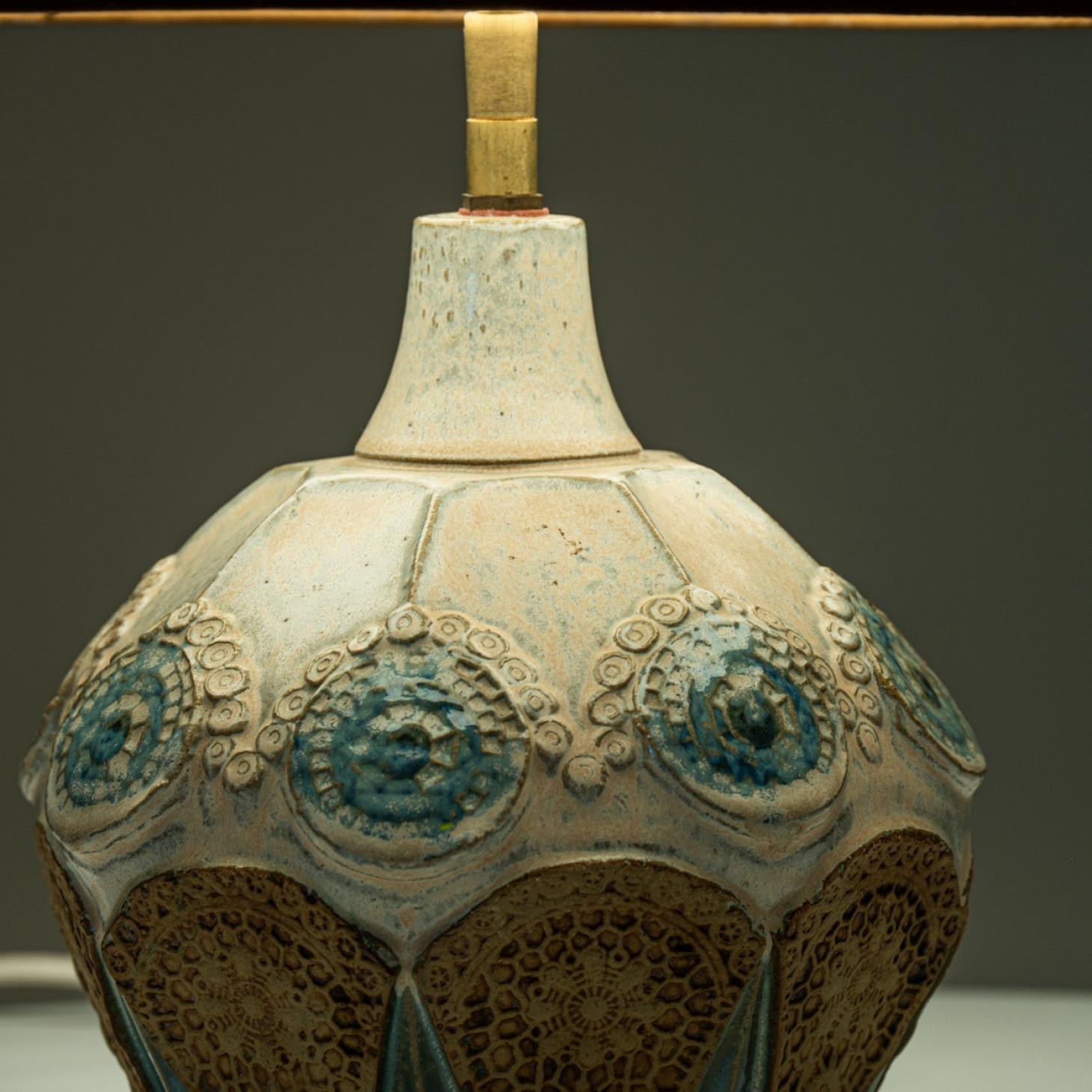 Round Ceramic Table Lamp with Custom Silk Lampshade by René Houben For Sale 3