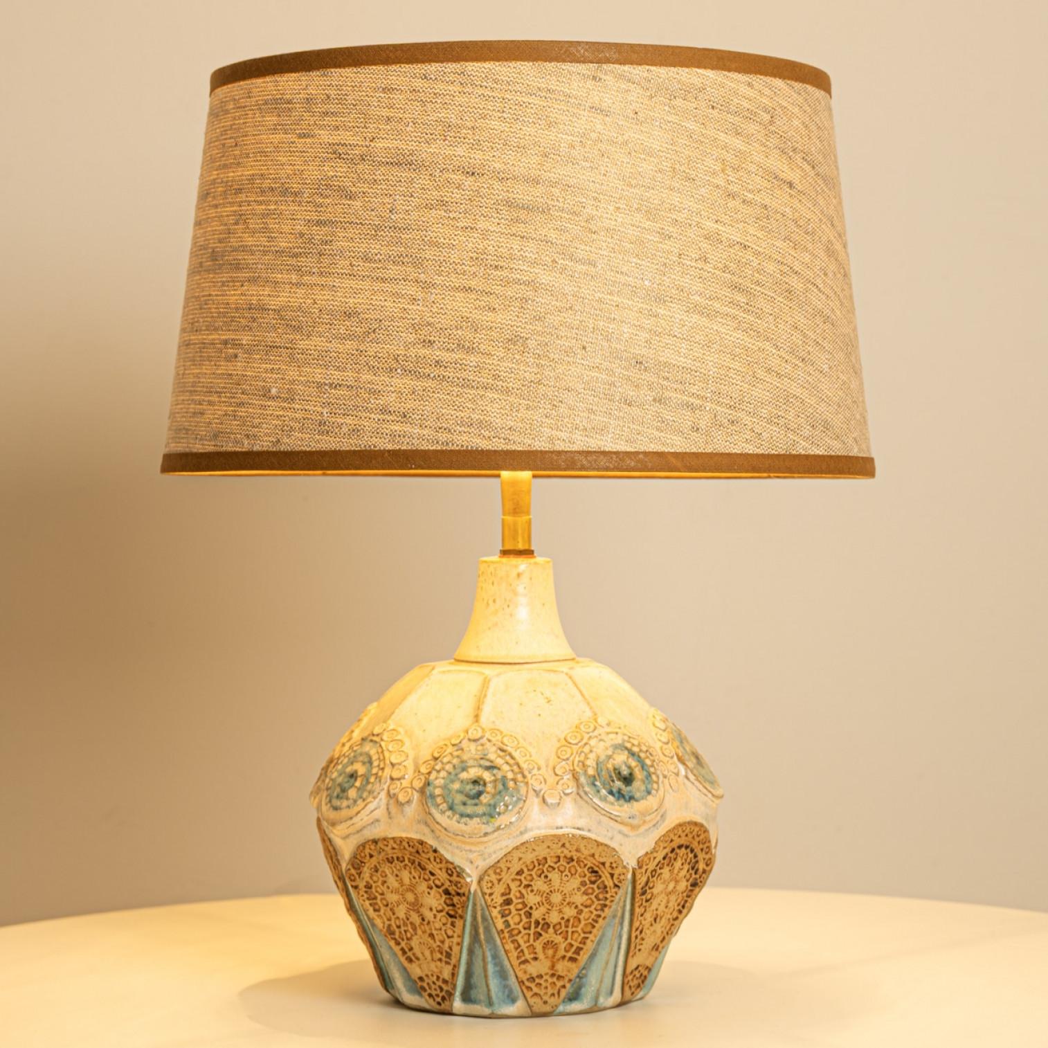 Mid-Century Modern Round Ceramic Table Lamp with Custom Silk Lampshade by René Houben For Sale