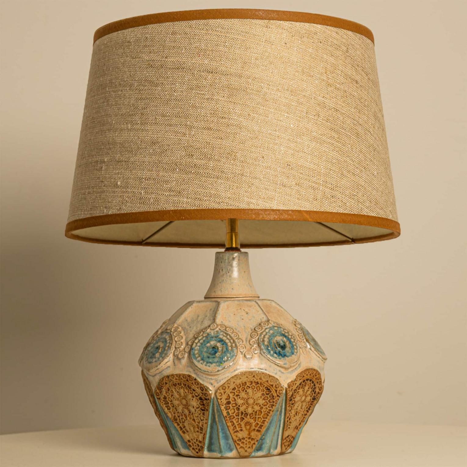 Danish Round Ceramic Table Lamp with Custom Silk Lampshade by René Houben For Sale