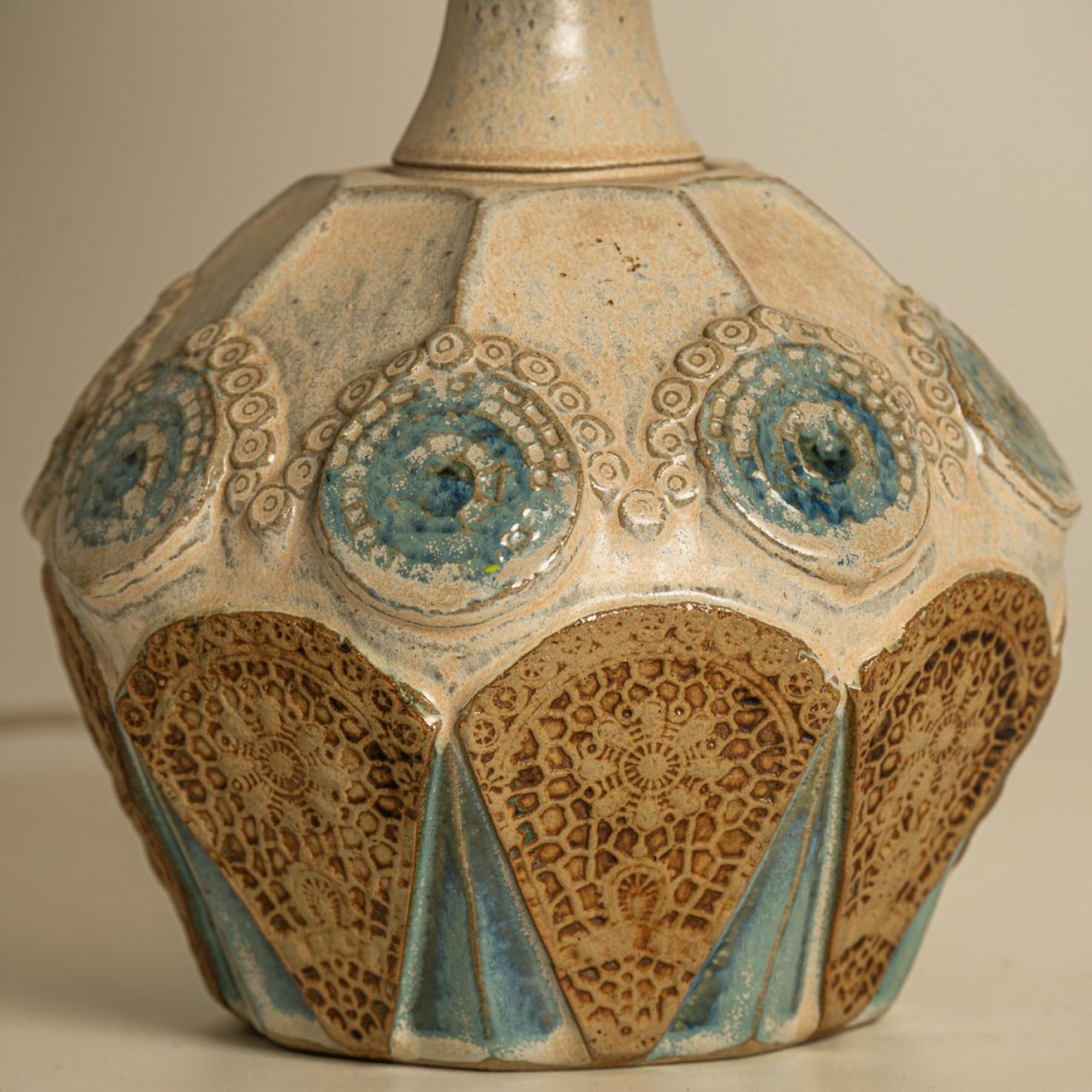 Other Round Ceramic Table Lamp with Custom Silk Lampshade by René Houben For Sale