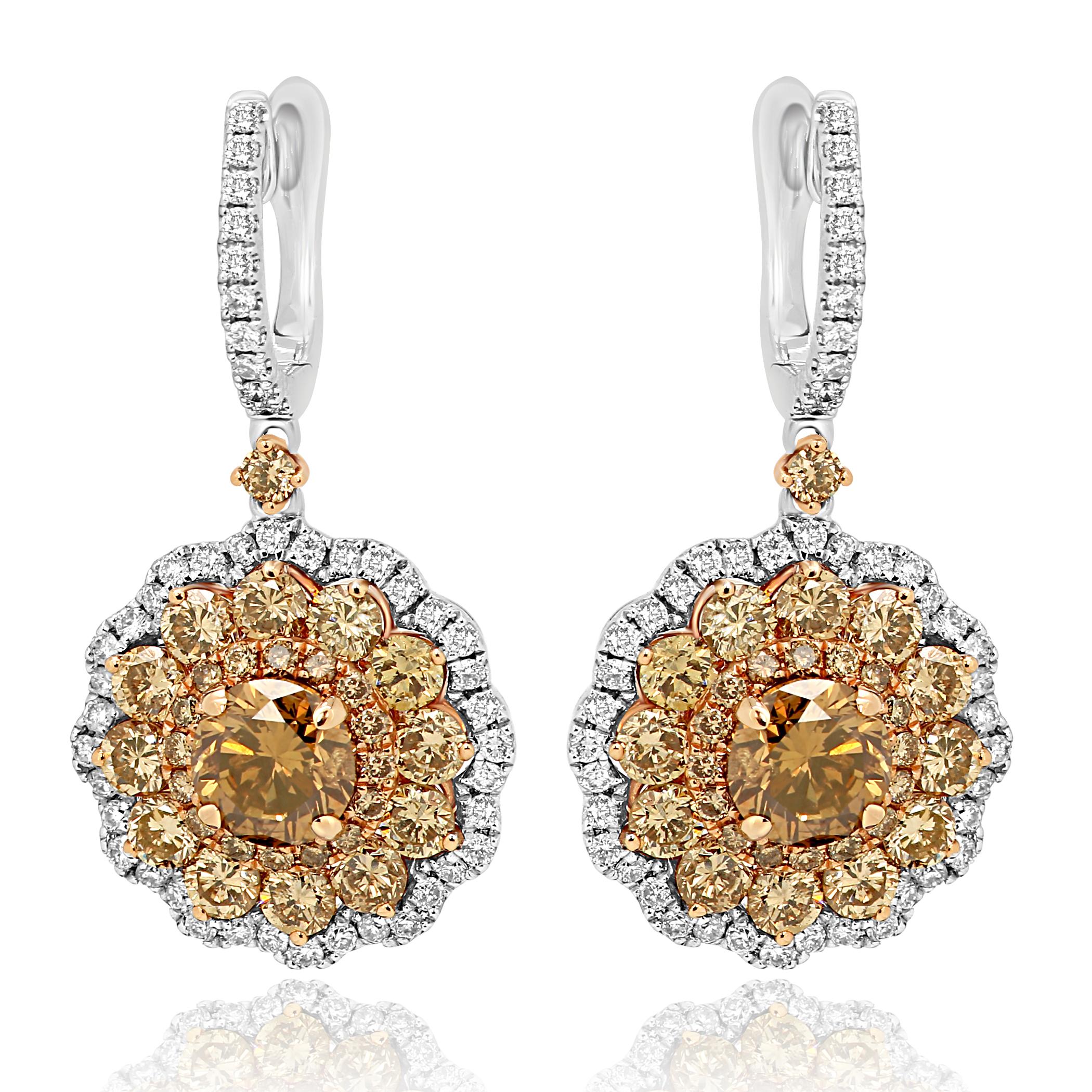 Contemporary Round Champagne Diamond Triple Halo Two-Color Gold Dangle Earring