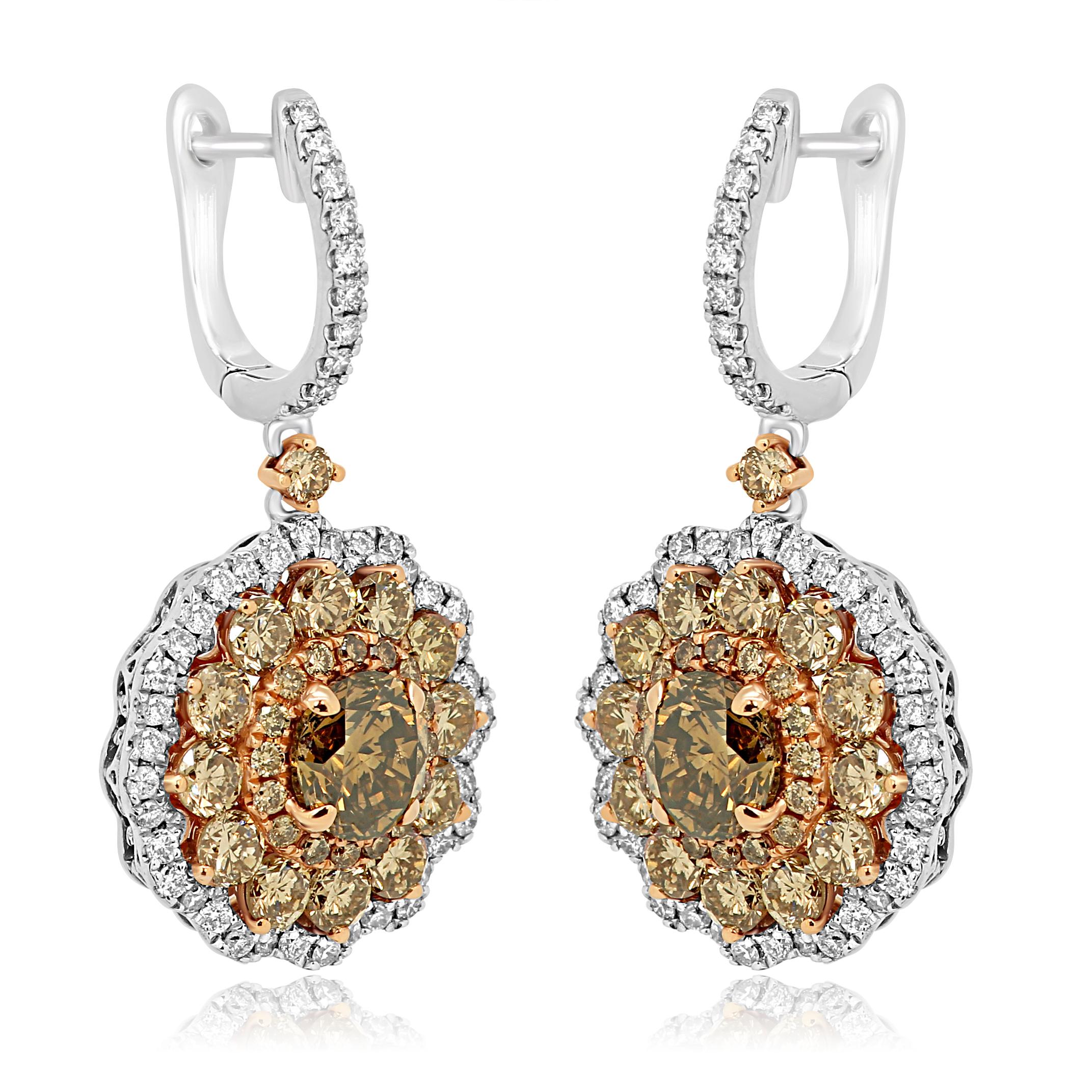 Round Cut Round Champagne Diamond Triple Halo Two-Color Gold Dangle Earring