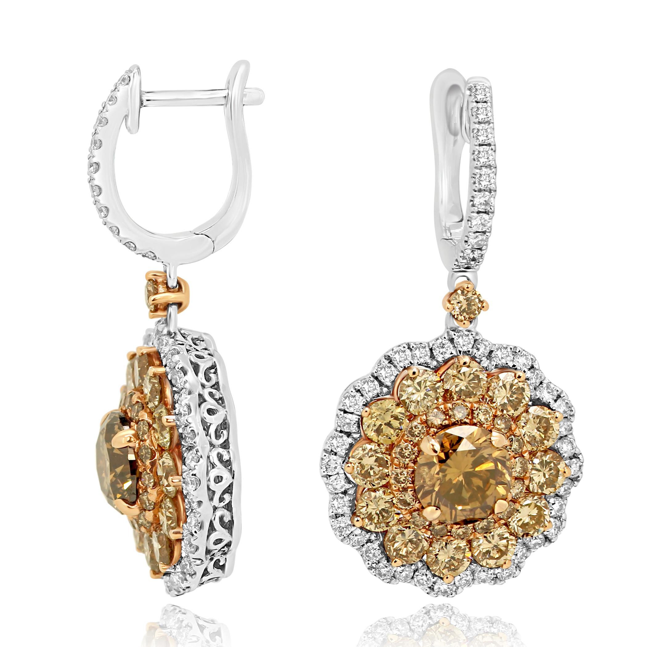 Round Champagne Diamond Triple Halo Two-Color Gold Dangle Earring In New Condition In NEW YORK, NY