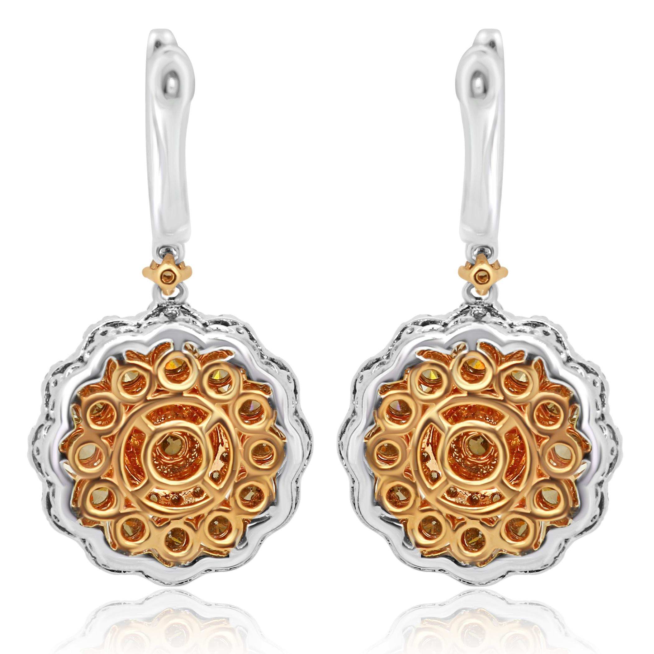 Women's or Men's Round Champagne Diamond Triple Halo Two-Color Gold Dangle Earring