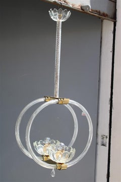 Round Chandelier Italian Murano Barovier Brass and Murano Glass 1940 Art Deco