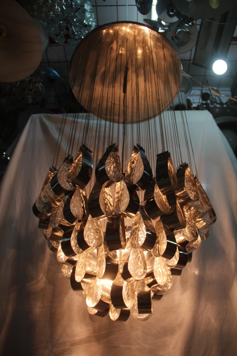 Round Chandelier Waterfall Drops Steel Glass with Chains Murano Glass, Italy 9