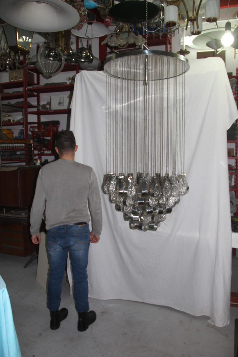 Round Chandelier Waterfall Drops Steel Glass with Chains Murano Glass, Italy 14