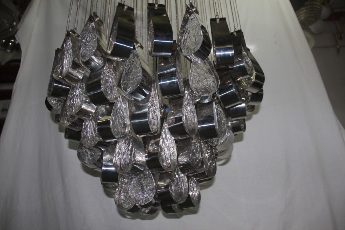 Italian Round Chandelier Waterfall Drops Steel Glass with Chains Murano Glass, Italy
