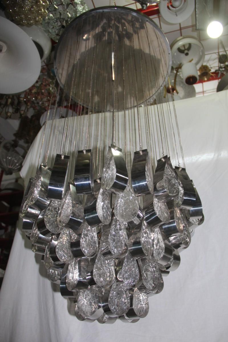 Round Chandelier Waterfall Drops Steel Glass with Chains Murano Glass, Italy In Good Condition In Palermo, Sicily