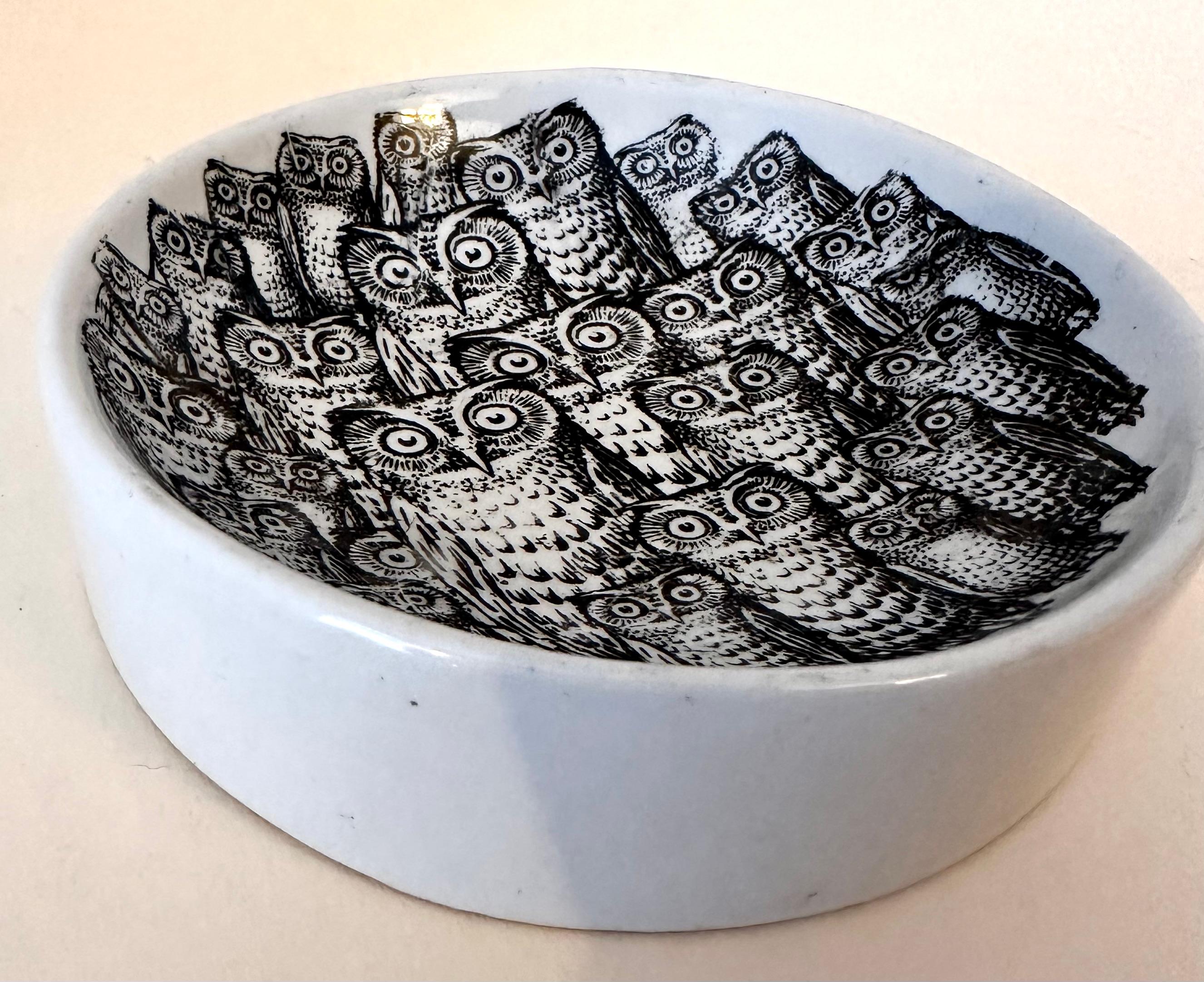 Mid-Century Modern Round Change Bowl with Owls Attributed to Fornasetti