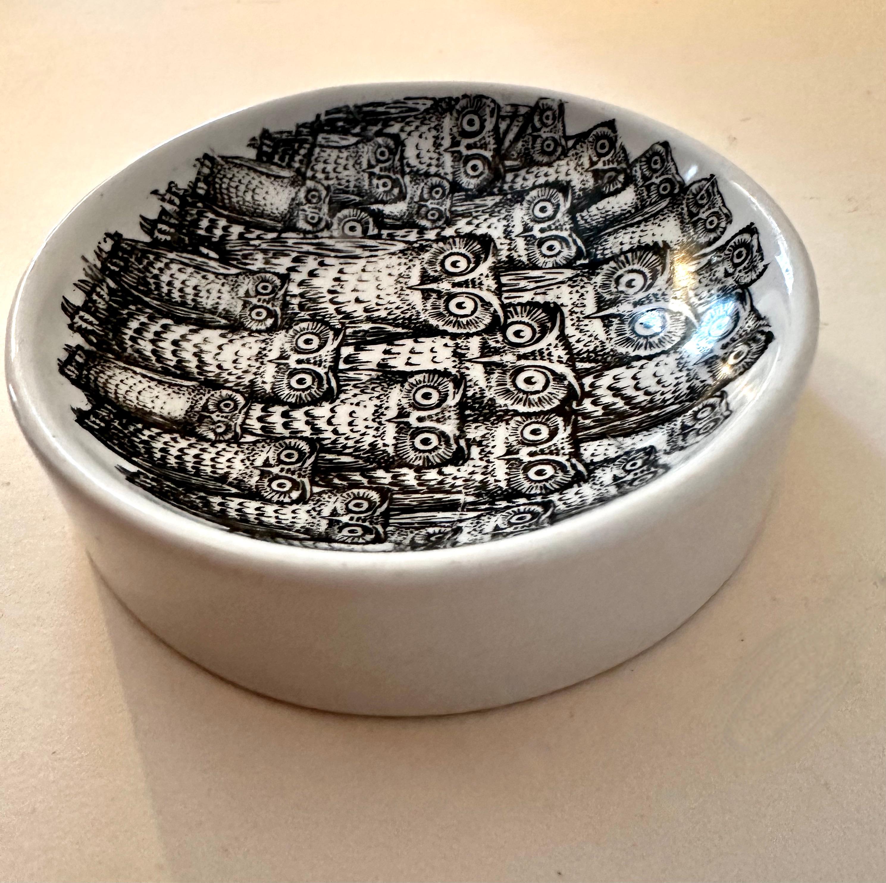 20th Century Round Change Bowl with Owls Attributed to Fornasetti