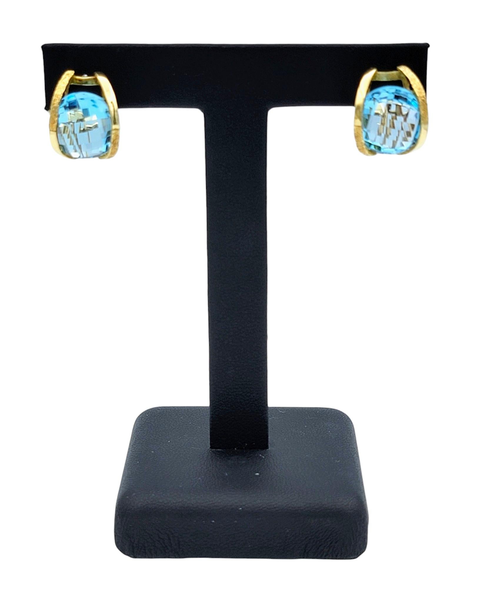 Round Checkerboard Cut Blue Topaz Omega Back Earrings in 18 Karat Yellow Gold For Sale 4