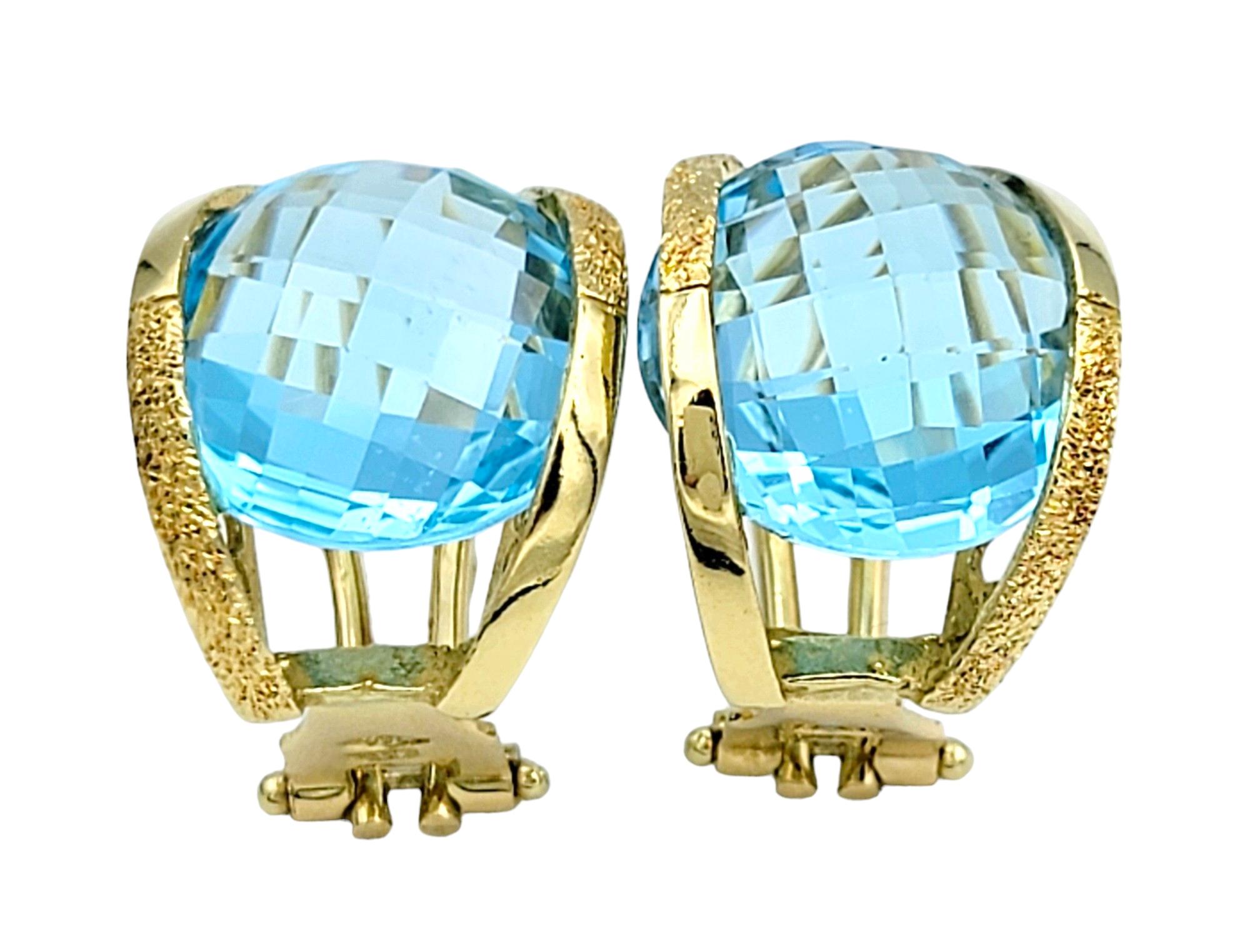 Round Checkerboard Cut Blue Topaz Omega Back Earrings in 18 Karat Yellow Gold In Good Condition For Sale In Scottsdale, AZ