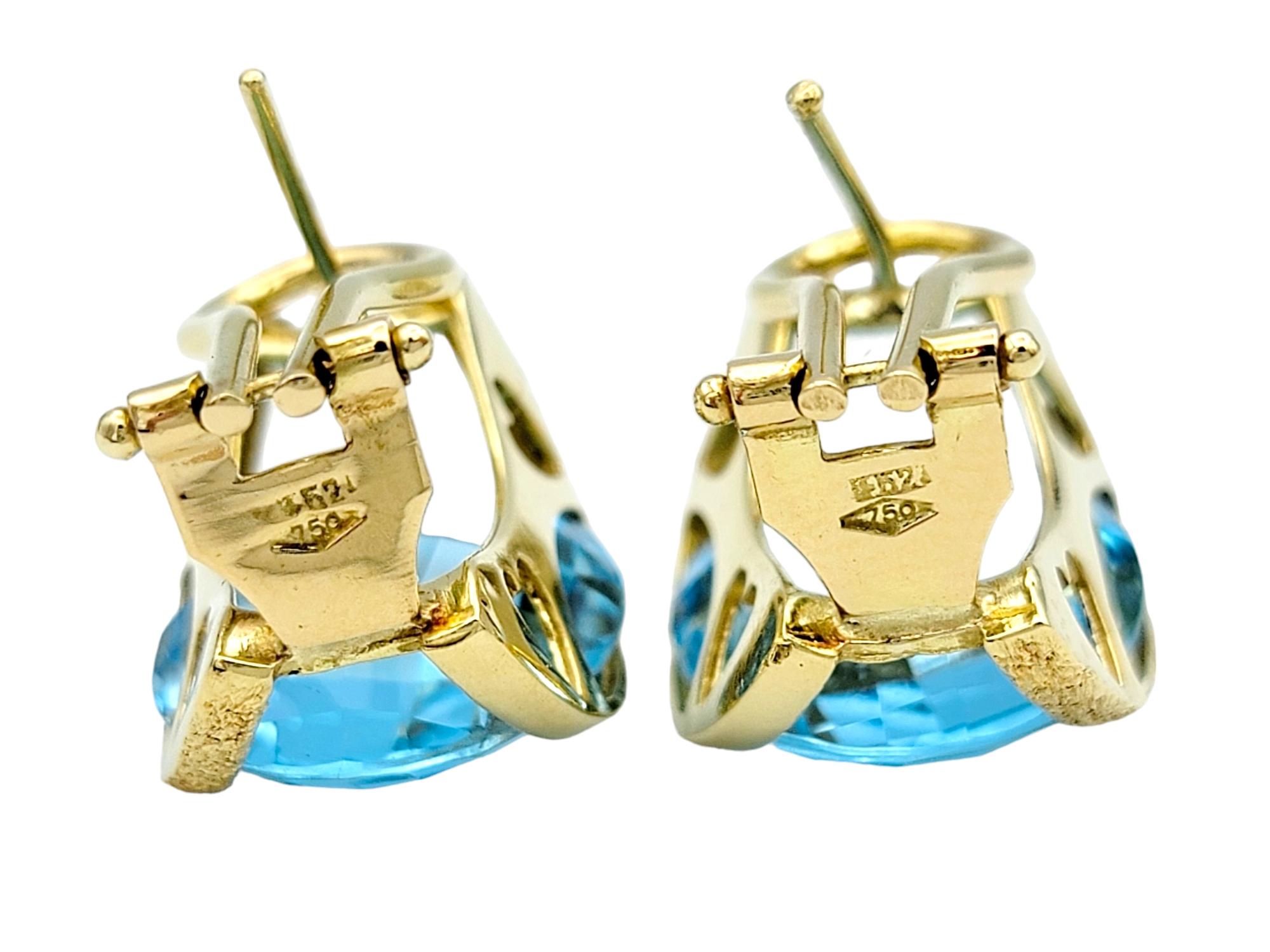 Round Checkerboard Cut Blue Topaz Omega Back Earrings in 18 Karat Yellow Gold For Sale 2