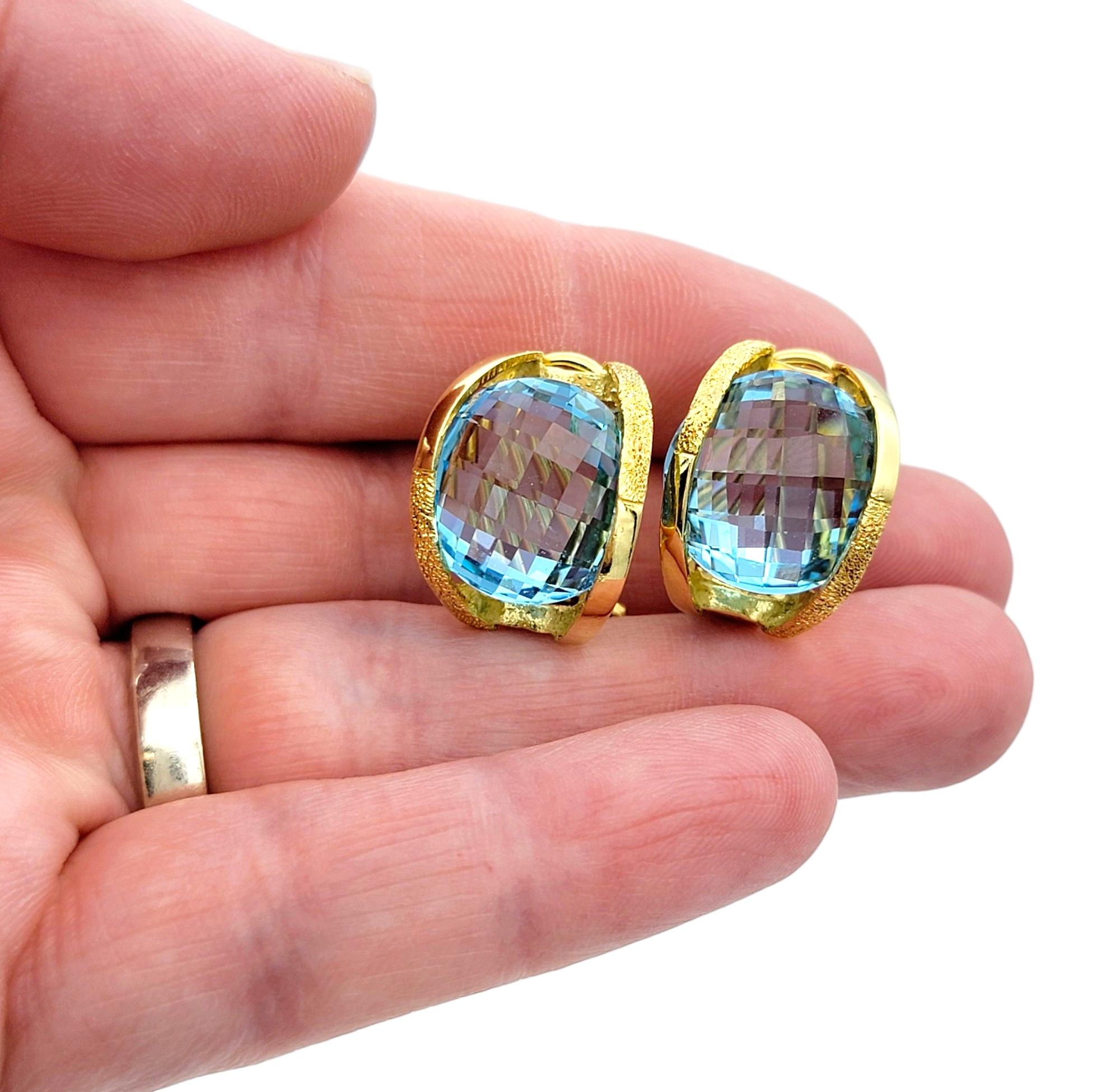Round Checkerboard Cut Blue Topaz Omega Back Earrings in 18 Karat Yellow Gold For Sale 3