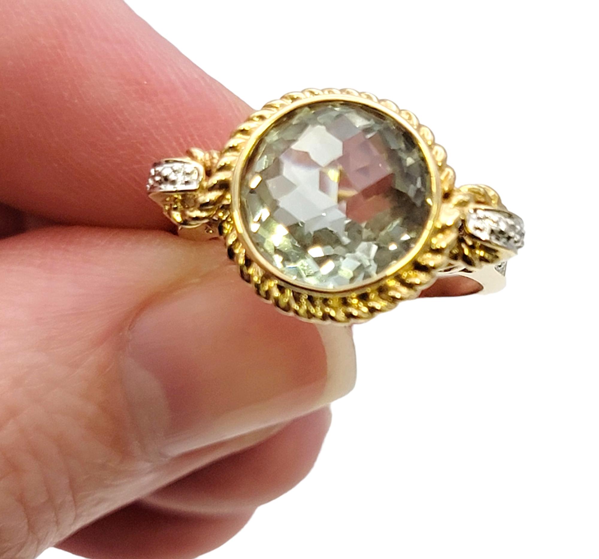 Round Checkerboard Cut Green Prasiolite and Diamond Ring in 14 Karat Yellow Gold For Sale 5