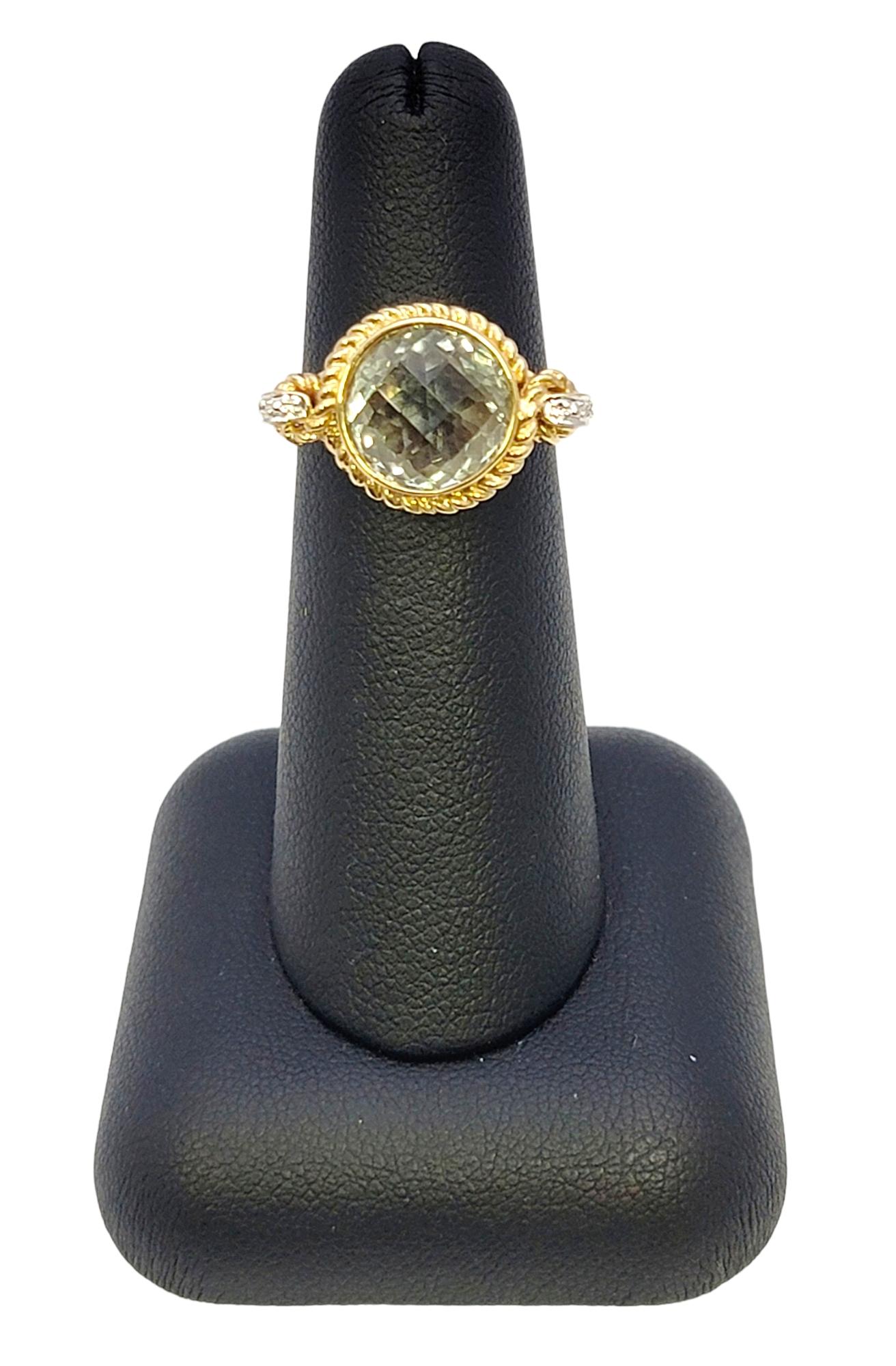Round Checkerboard Cut Green Prasiolite and Diamond Ring in 14 Karat Yellow Gold For Sale 6