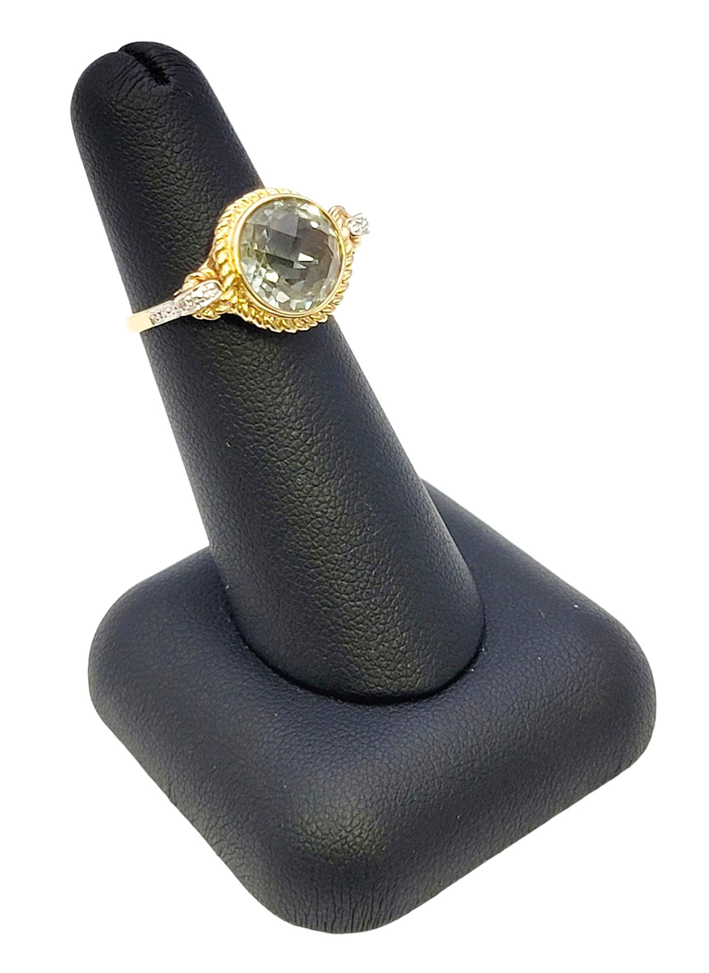 Round Checkerboard Cut Green Prasiolite and Diamond Ring in 14 Karat Yellow Gold For Sale 7