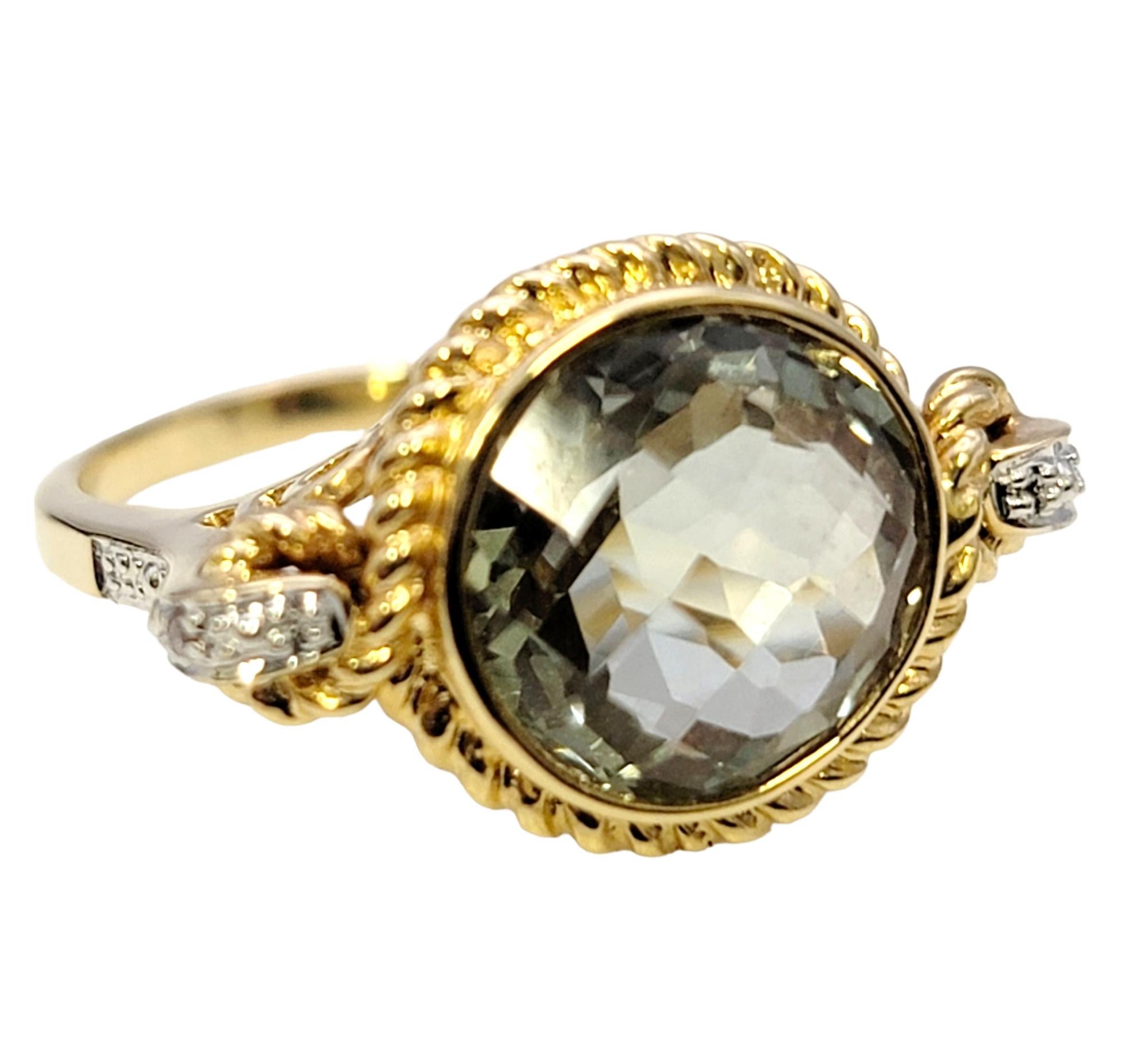 Round Checkerboard Cut Green Prasiolite and Diamond Ring in 14 Karat Yellow Gold In Good Condition For Sale In Scottsdale, AZ