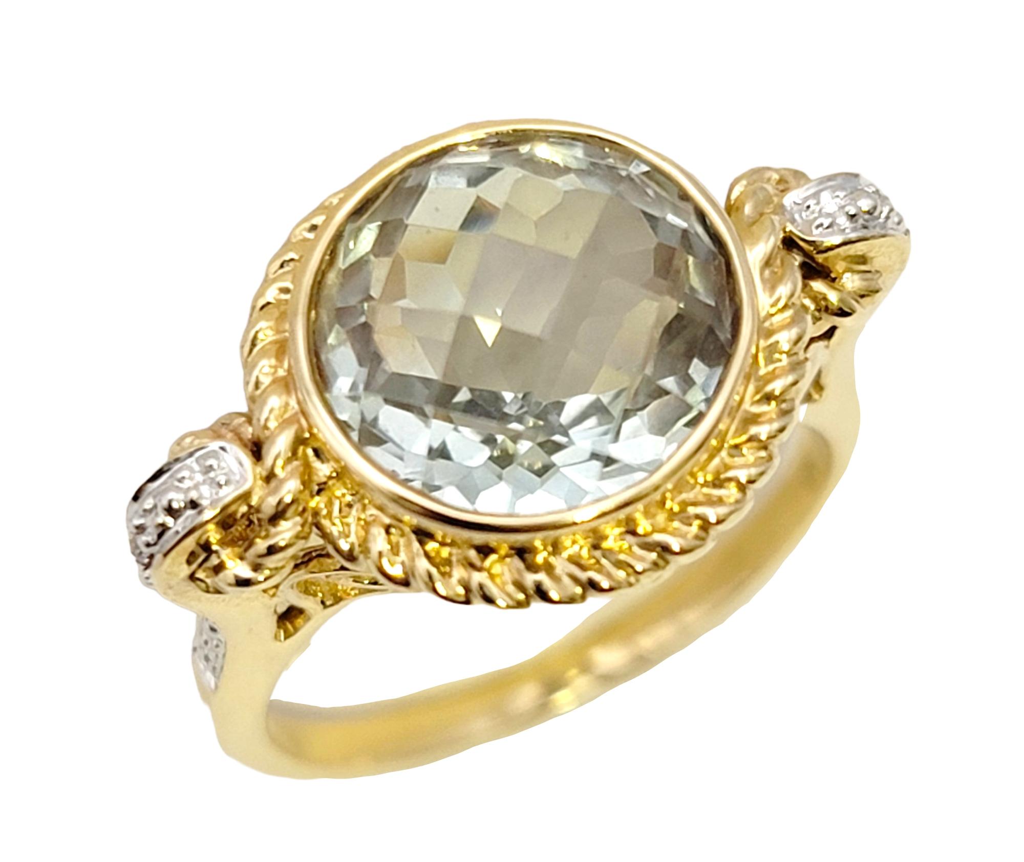 Women's Round Checkerboard Cut Green Prasiolite and Diamond Ring in 14 Karat Yellow Gold For Sale