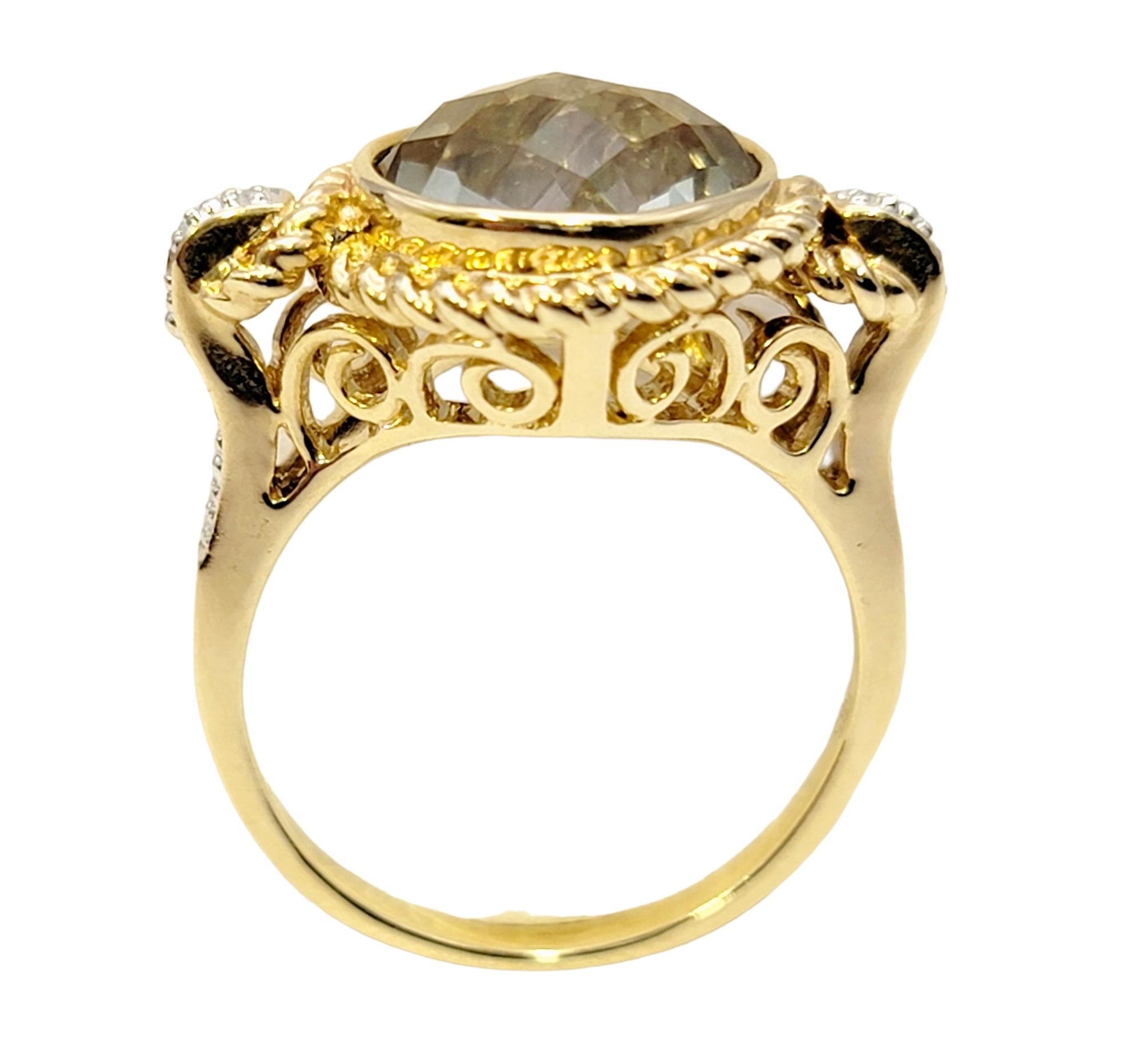 Round Checkerboard Cut Green Prasiolite and Diamond Ring in 14 Karat Yellow Gold For Sale 1