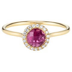 Round Checkerboard Pink Tourmaline Halo Ring 18 Karat Yellow Gold