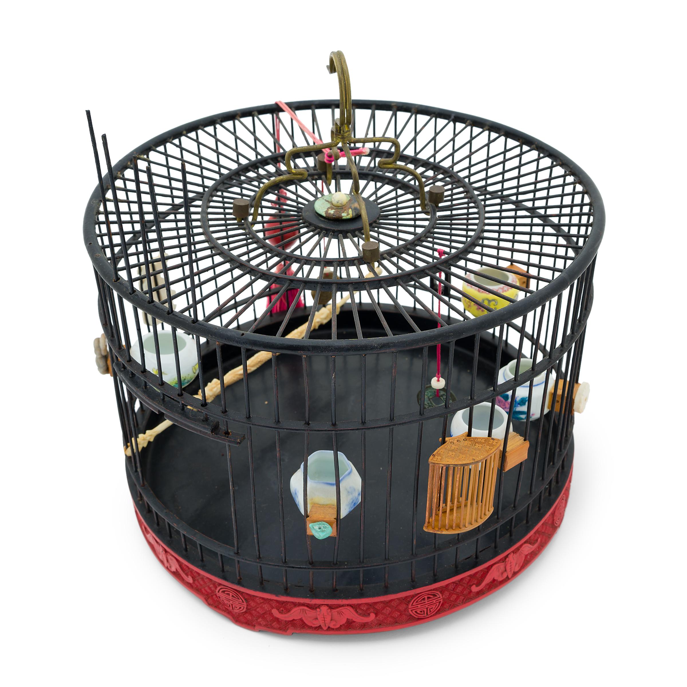 Round Chinese Cinnabar Lacquer Birdcage, circa 1900 In Good Condition In Chicago, IL
