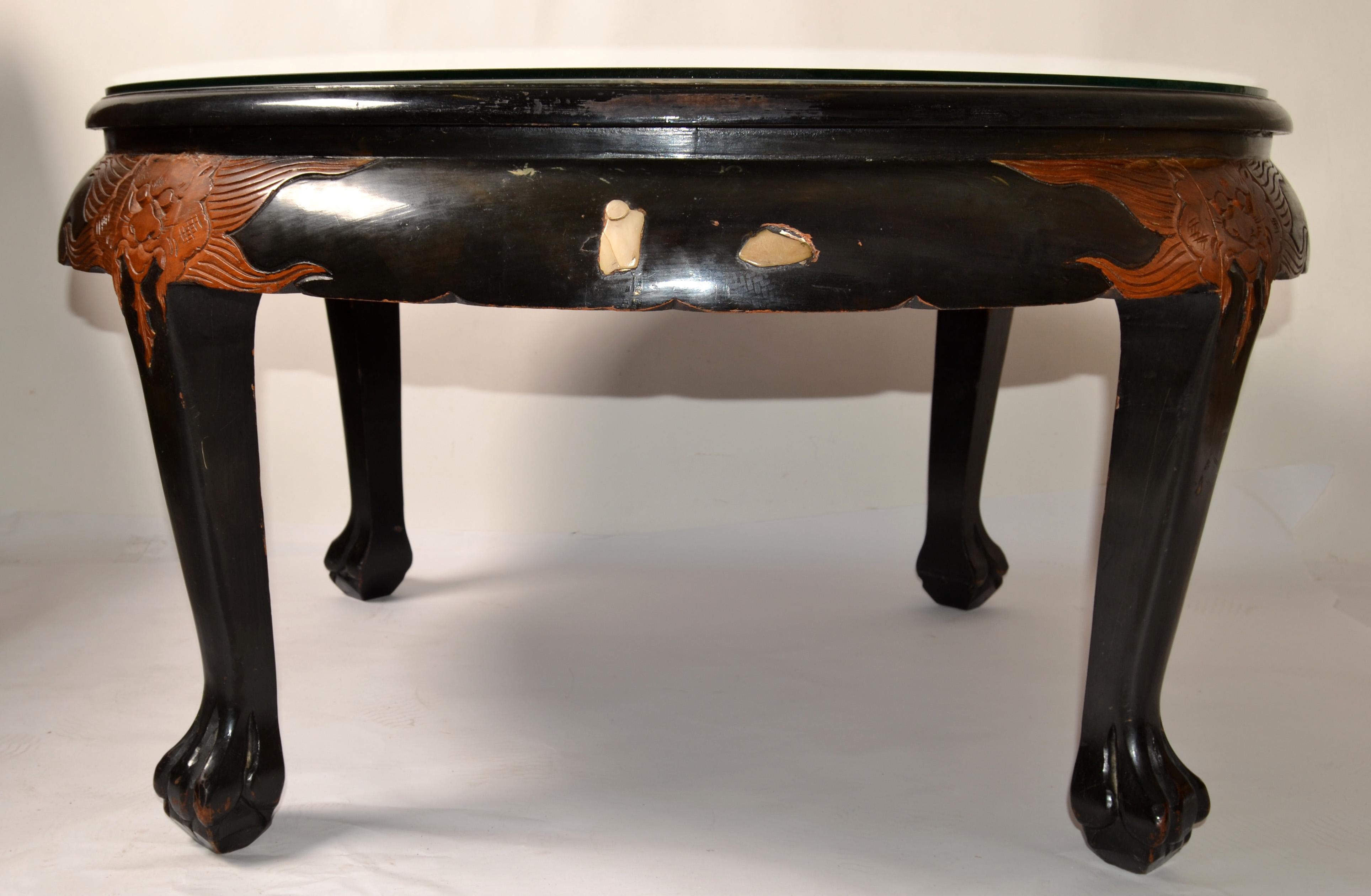 Round Chinese Jade Stonework Bone Black Lacquered Carved Coffee Table Glass Top 3
