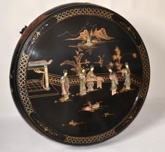 Round Chinese Jade Stonework Bone Black Lacquered Carved Coffee Table Glass Top