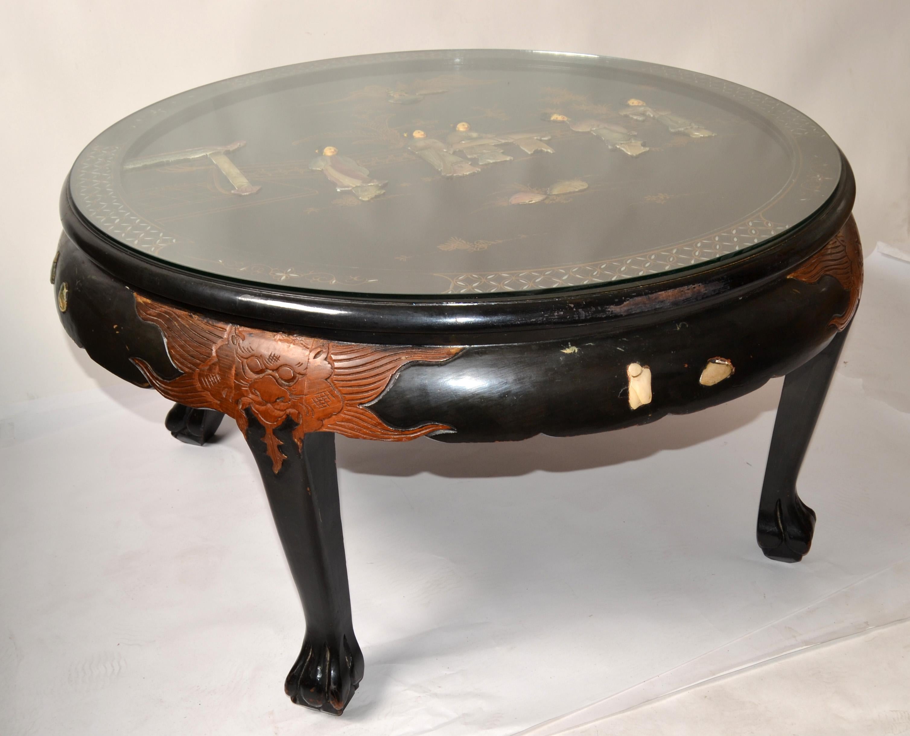 Chinoiserie Round Chinese Jade Stonework Bone Black Lacquered Carved Coffee Table Glass Top