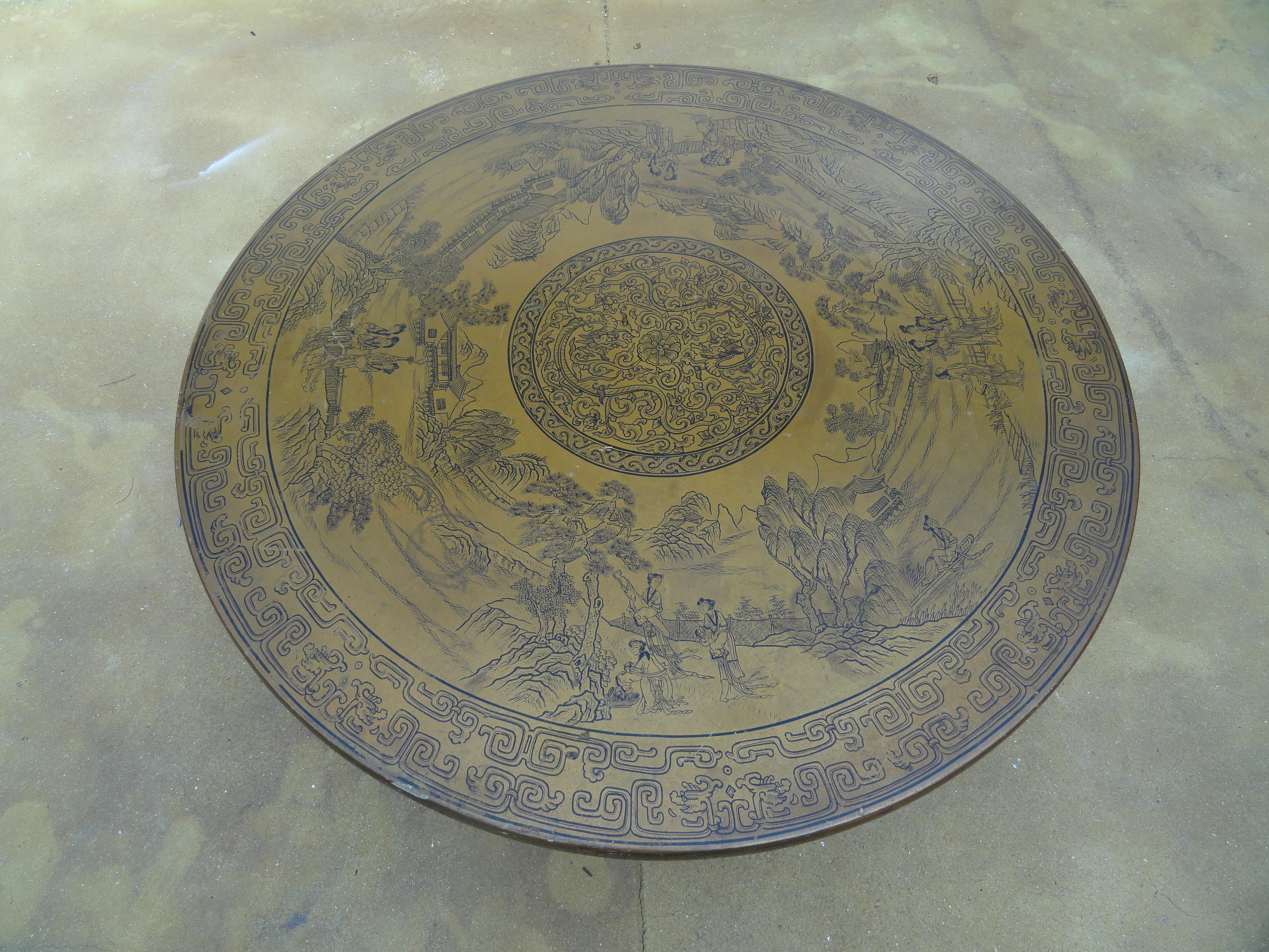 Unique round Chinese painted table set on custom black acrylic legs. Scenes of the country side and pleasant country life. Top is wood, gesso, painted.