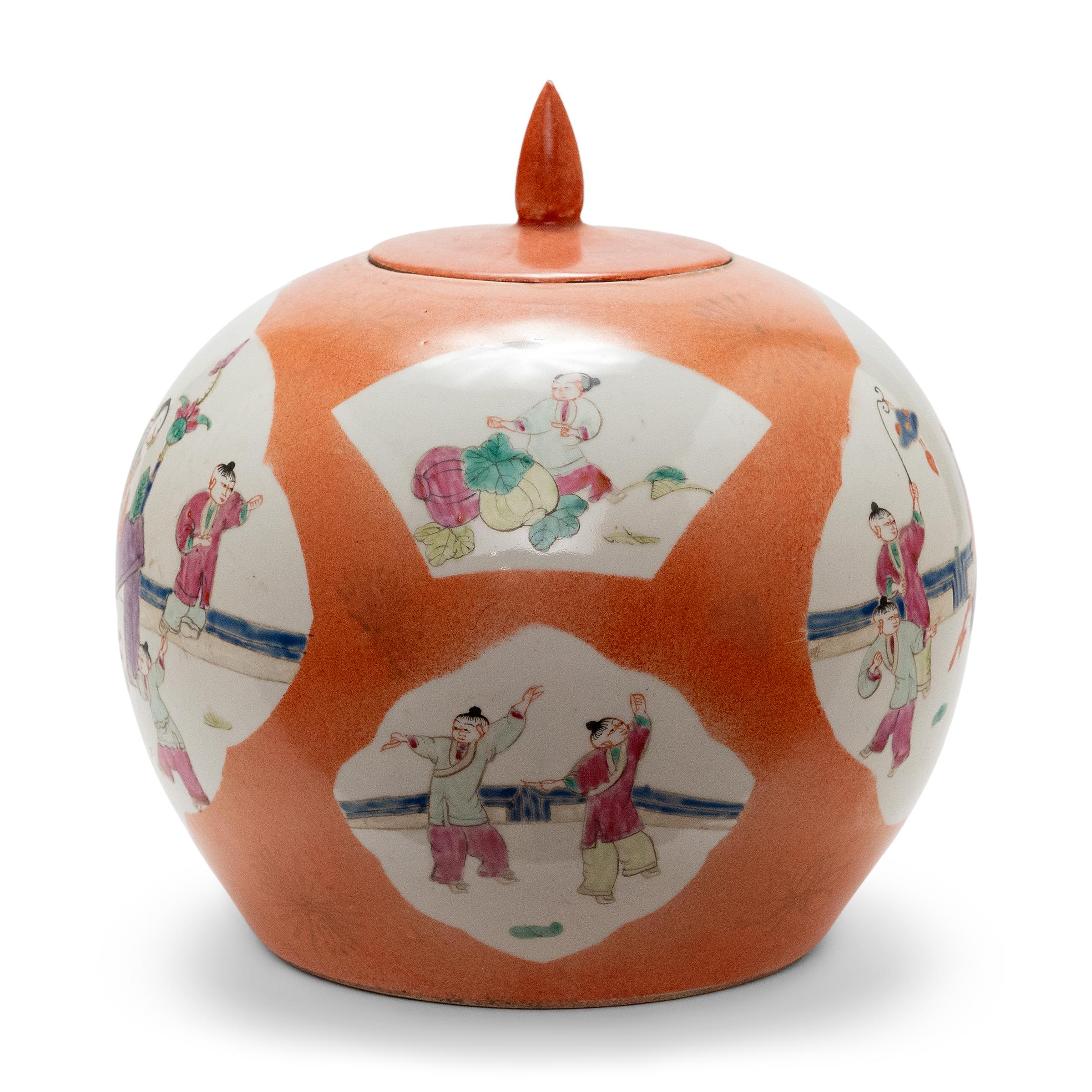 This phoenix tail vase is the perfect example of enduring Chinese symbolism and design. The body and flared neck of the vase bears a cartouche painting containing a picturesque scene. Each vignette displays a group of young boys in a traditional