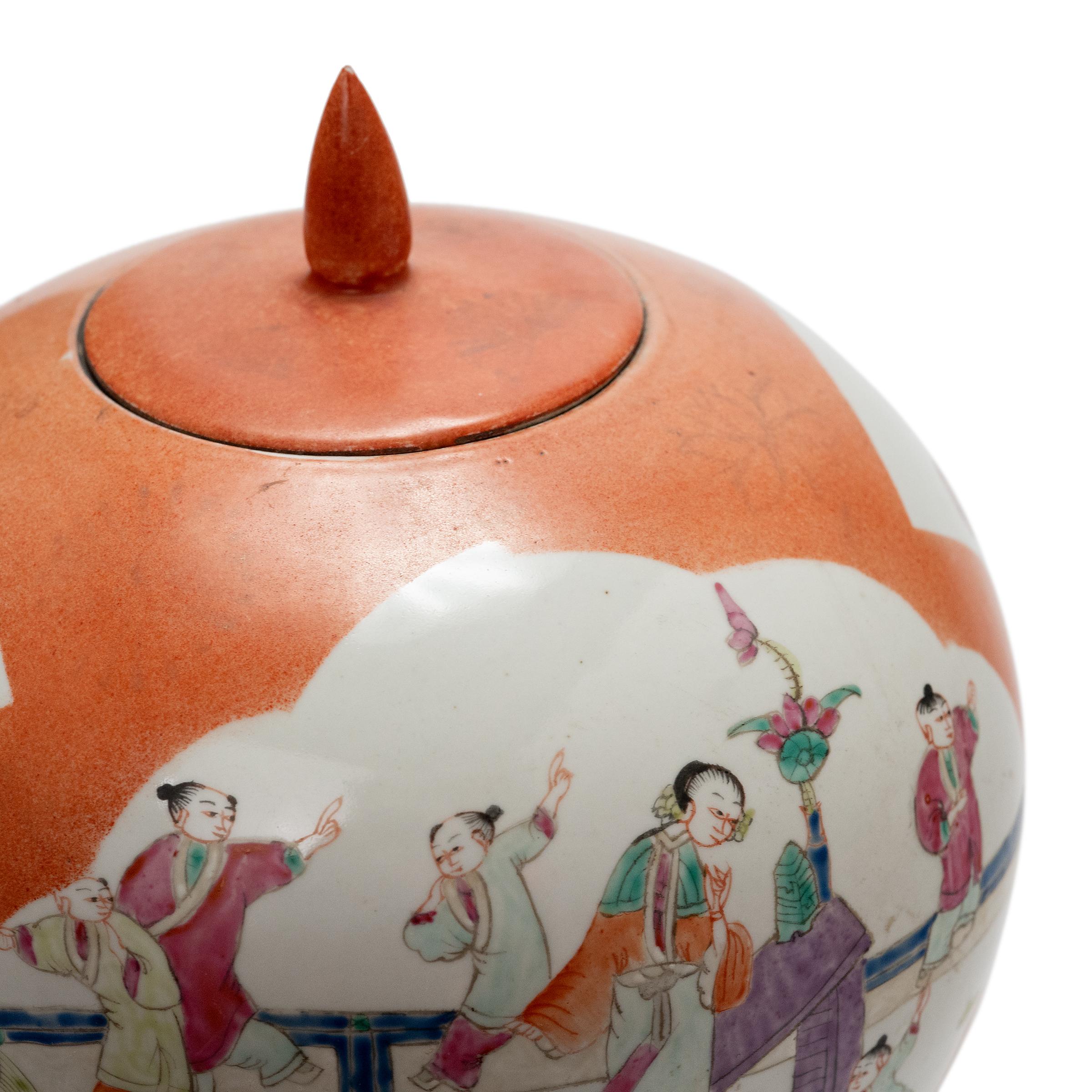 Porcelain Round Chinese Persimmon Orange Jar, c. 1900