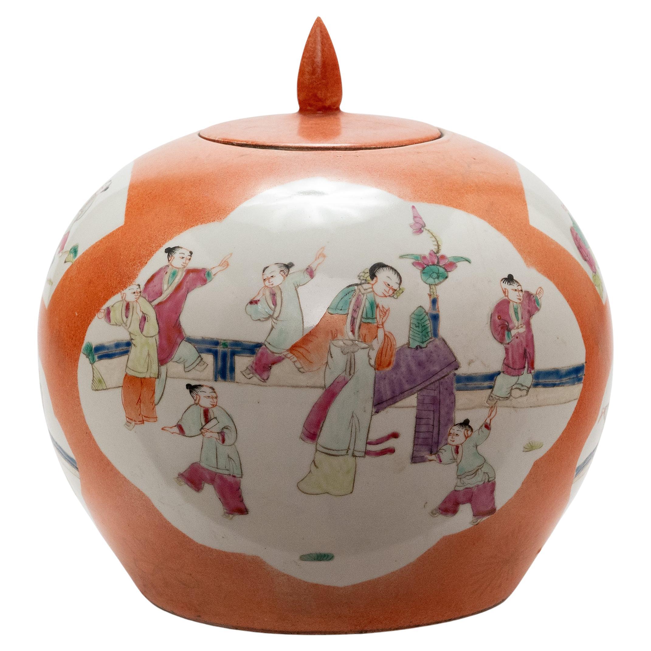 Round Chinese Persimmon Orange Jar, c. 1900